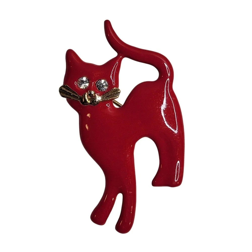 Vintage Gold Red Cat Brooch Rhinestone Eyes Kitty Retro‎ Kitsch Gift